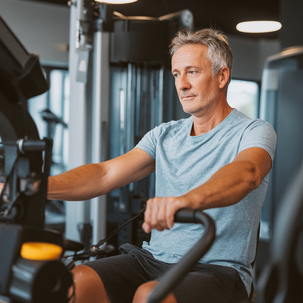 middle-aged person using modern fitness equipment safely
